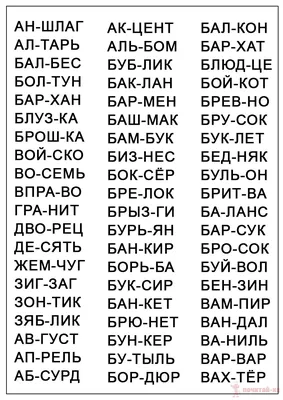 Слова из 6 букв. Два слога. Слова для отработки навыков чтения у детей