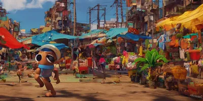 KREA — кадр из фильма Sony Pictures, анимация Альберто Мьельго, городской рынок африканской фавелы, яркий, объектив 5 0 мм, дизайн персонажей и среды видеоигры, behance hd, студия, драматичный