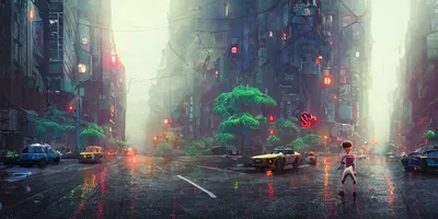 Prompthunt: кадр из фильма Sony Pictures, анимация Альберто Мьельго, индустриальный город-планета, яркий, объектив 5 0 мм, дизайн персонажей и среды видеоигры, behance hd, студия, городской патруль, вечер,