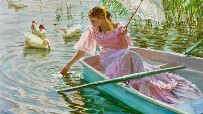 Скачать обои девушка, озеро, зонтик, лодка, Александр Аверин, раздел  живопись в разрешении 2560x1440