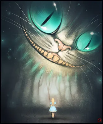Фото Улыбающийся Cheshire Cat / Чеширский Кот из фильма Alice in Wonderland  / Алиса в стране чудес смотрит на маленькую Алису