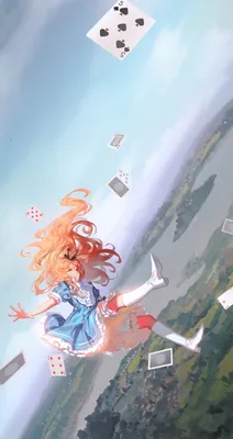 Фото Alice / Алиса, закрыв глаза, летит над землей с игральными картами из  сказки Alice in Wonderland / Алиса в стране чудес, by Alphonse