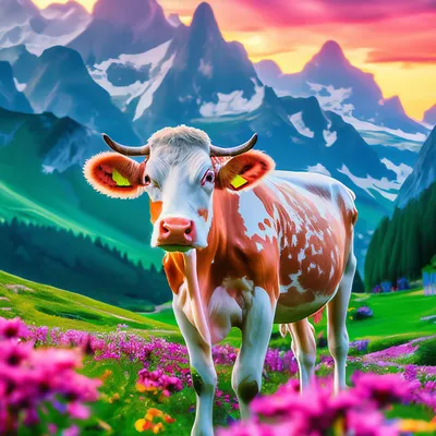 Скачать обои небо, трава, пейзаж, горы, корова, луг, альпы, раздел животные  в разрешении 1920x1080