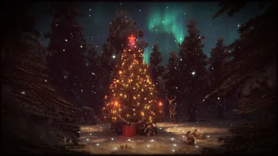 Обои на рабочий стол Зайцы и олени стоят возле новогодней елки с подарками  в зимнем лесу под северным сиянием в ночном небе, by Kamen Nikolov, обои  для рабочего стола, скачать обои, обои