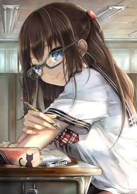 Аниме девочка в очках с ручкой сидит за партой — Картинки на аву