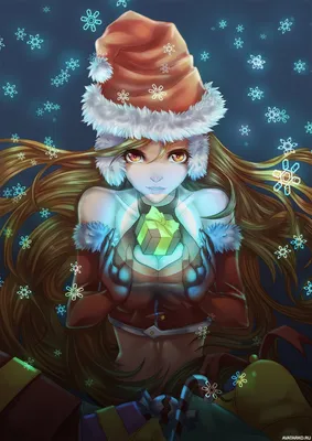 Аниме девушка в новогодней шапке с подарком между рук — Рисунки на аву