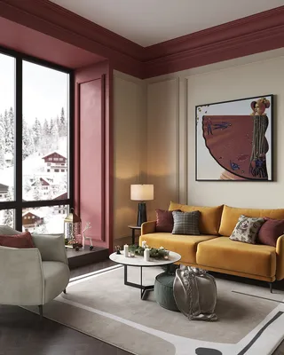 Желтый диван Archi и белое кресло Vivo в интерьере гостиной с  бордово-белыми стенами в загородном доме | SKDESIGN