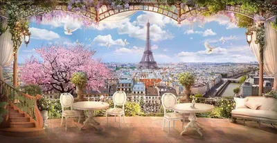 Терраса с видом на Париж на стену, Арт. 17-0075 купить в Москве в  интернет-магазине, цены в Мастерфресок