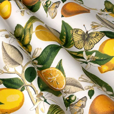 Декоративная ткань с принтом птиц, лимонов и бабочек на молочном фоне  84507v1: купить с доставкой, цена в Киеве