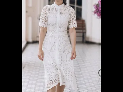 Женское длинное ажурное платье без рукавов, белое кружевное офисное платье-миди  с высокой талией и высоким воротником X-образной формы | AliExpress