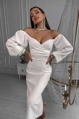 Белое платье в длине миди с объемными рукавами можно купить с доставкой и  примеркой в интернет магазине olalafason.ru в Москве