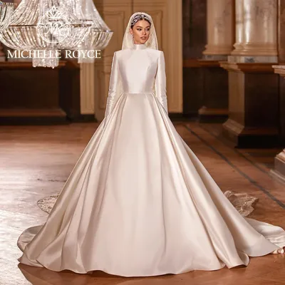 Женское свадебное платье с высоким воротом It's yiiya, белое атласное платье  с длинным рукавом в мусульманском стиле на лето 2022 | AliExpress