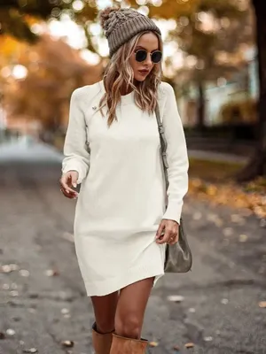 Obba Белое платье свитер мини теплое с длинными рукавами офисное