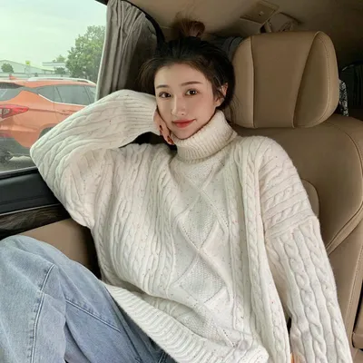 Купить Пуловер-свитер женский свободный корейский белый водолазка с длинным  рукавом осенне-зимний однотонный | Joom