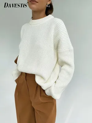 Белый вязаный свитер в ленивом стиле, женский зимний Повседневный Свободный  Тонкий вязаный Топ с круглым вырезом, женский простой однотонный пуловер,  свитер 2023 | AliExpress