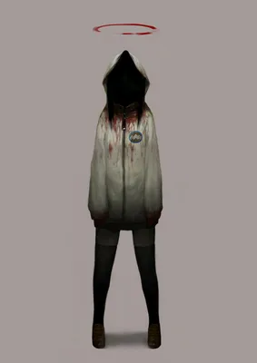 Фото Девушка без лица в кофте с капюшоном, испачканном в крови, над головой  кровавый нимб