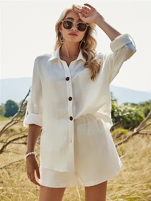 Женская Повседневная Блузка и шорты, комплект весна-лето, Новая женская  белая рубашка с длинным рукавом, топ из хлопка и льна, шорты, комплект из  двух предметов | AliExpress