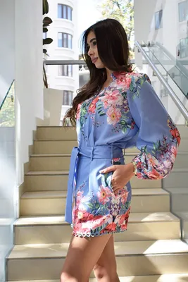 ≡ Льняной костюм : блуза + шорты «цветы» голубой: купить в Украине по  низкой цене в интернет-магазине