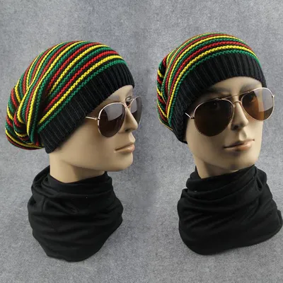 Купить Шляпа Стильная шляпа в стиле регги Боба Марли, ямайская мешковатая  шапка с помпоном и полосками, хлопковая зимняя шапка | Joom