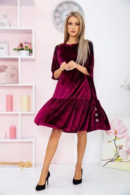 Купить бархатное платье по фигуре с разрезом на ноге Бордо - 1371 -  JK-Fashion