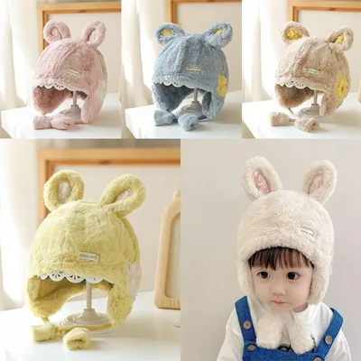 Купить Сплошные цвета, милая шляпа на шнуровке, детская шапка с кроличьими  ушками, шапка с наушниками | Joom