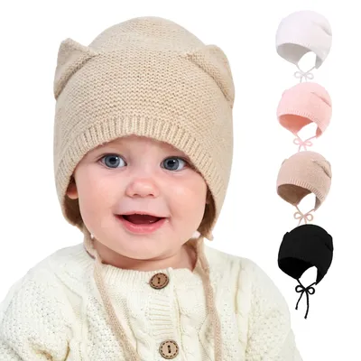 Зимняя Новая Вязаная Детская шапка для мальчиков и девочек, вязаная шапка  для новорожденных, осенняя однотонная детская шапка с ушками, шапка для  девочки, симпатичные детские вязаные шапочки | AliExpress