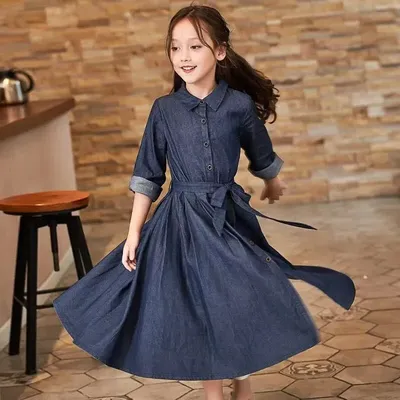 Элегантные детские джинсовые платья для девочек на весну-осень, Длинные Детские  платья-рубашки с длинными рукавами и поясом, одежда для подростков 12, 15,  16 лет | AliExpress