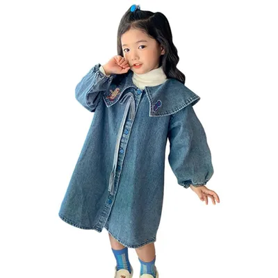 Весенние детские джинсовые платья для девочек, повседневные детские костюмы  с большими лацканами с вышивкой, осенние платья – лучшие товары в  онлайн-магазине Джум Гик