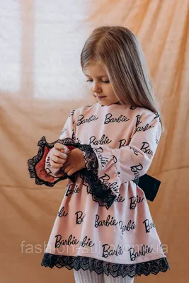 Праздничное Детское Платье с Принтом Barbie с Кружевом Пудровый Цвет  Трикотаж Хлопок — Купить на BIGL.UA ᐉ Удобная Доставка (1285804777)