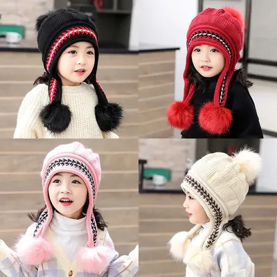 2020 модные детские зимние шапки для маленьких девочек, теплые вязаные шапки  с ушками, шерстяные шапки, детские шапки | AliExpress