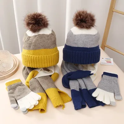 Теплые детские шапки шарфы и перчатки, комплект из 3 предметов, детские  зимние вязаные шапки для подростков, головной убор, костюм для мальчиков и  девочек | AliExpress