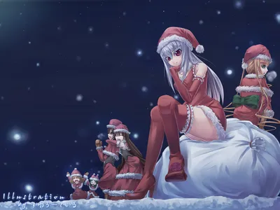 Обои на рабочий стол Девушки из аниме Rozen Maiden в новогодних костюмах  сидят на мешках с подарками (illustration by ), обои для рабочего стола,  скачать обои, обои бесплатно