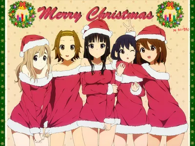 Обои на рабочий стол Девочки из аниме K-ON в новогодних костюмах (Merry  Christmas), обои для рабочего стола, скачать обои, обои бесплатно
