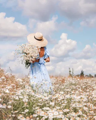 Фото Девушка в шляпе с букетом ромашек стоит спиной к нам на поле, by  steffimarlas