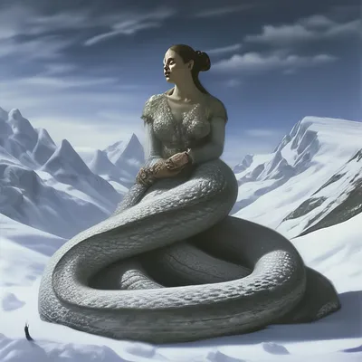 Женщина-змея размером с гору лежит…» — создано в Шедевруме