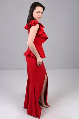 Красное вечернее платье с баской и воланами артикул 201070 цвет бургундия👗  напрокат 3 900 ₽ ⭐ купить 8 000 ₽ в Ростове-на-Дону