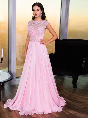 Розовое длинное выпускное платье с коротким рукавом Jovani 21030 ✓ купить в  салоне Виктория!