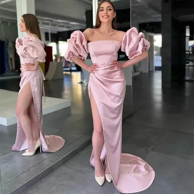 Женское классическое длинное атласное вечернее платье, розовое платье с  юбкой годе без бретелек и со шлейфом, платье для вечеринки | AliExpress