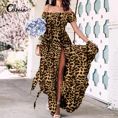 Купить Celmia женское вечернее платье с леопардовым принтом, пляжное  богемное свободное длинное платье с открытыми плечами | Joom