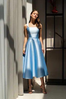 Синее вечернее платье длинное из атласа размер S \"Богема\" / anna-best.com