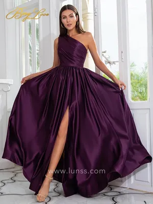 Длинное платье для выпускного вечера из атласного баклажана на одно плечо с  разрезом - Lunss