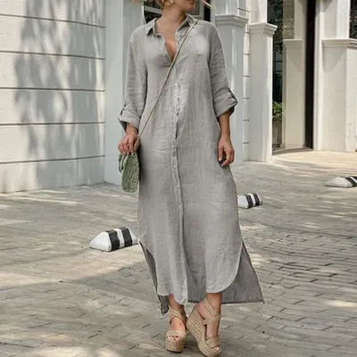 Платье женское длинное из хлопка и льна | AliExpress