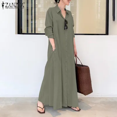 Женское длинное платье-рубашка ZANZEA из 100% хлопка. Размеры: S-5XL –  лучшие товары в онлайн-магазине Джум Гик