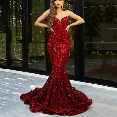 Женское вечернее платье-Русалка со шлейфом, длинное блестящее платье с  блестками и вырезом сердечком, роскошное платье для выпускного вечера, 2023  | AliExpress