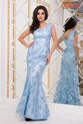 Длинное голубое вечернее платье годе со шлейфом \"Ольвия\" / anna-best.com