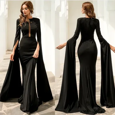 Элегантные длинные черные эластичные вечерние платья с рукавами юбка-годе в  пол Abendkleid официальное вечернее платье для женщин | AliExpress