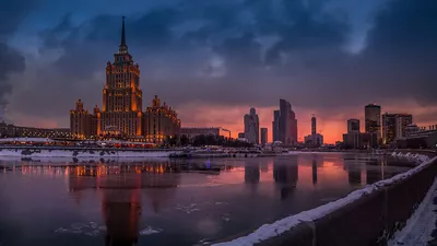 Фотографии Москва Россия зимние Реки Вечер Пристань Дома 1366x768
