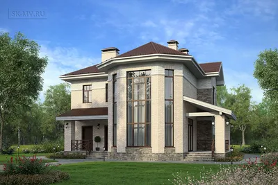 Проект каменного дома с полукруглым эркером и панорамными окнами Особняк 2  из кирпича или газобетона, цена строительства под ключ