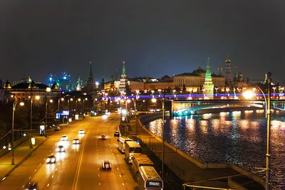 Фотография Москва Дороги река Ночные Уличные фонари Здания Города