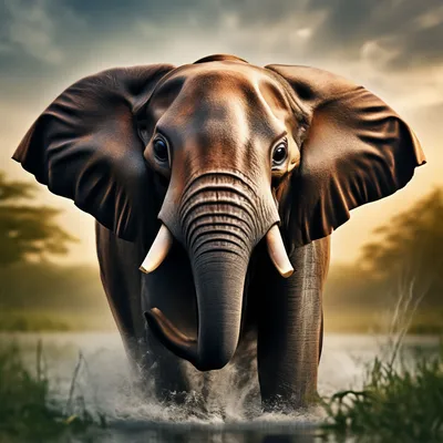 Фото Довольный слоненок играет с водой